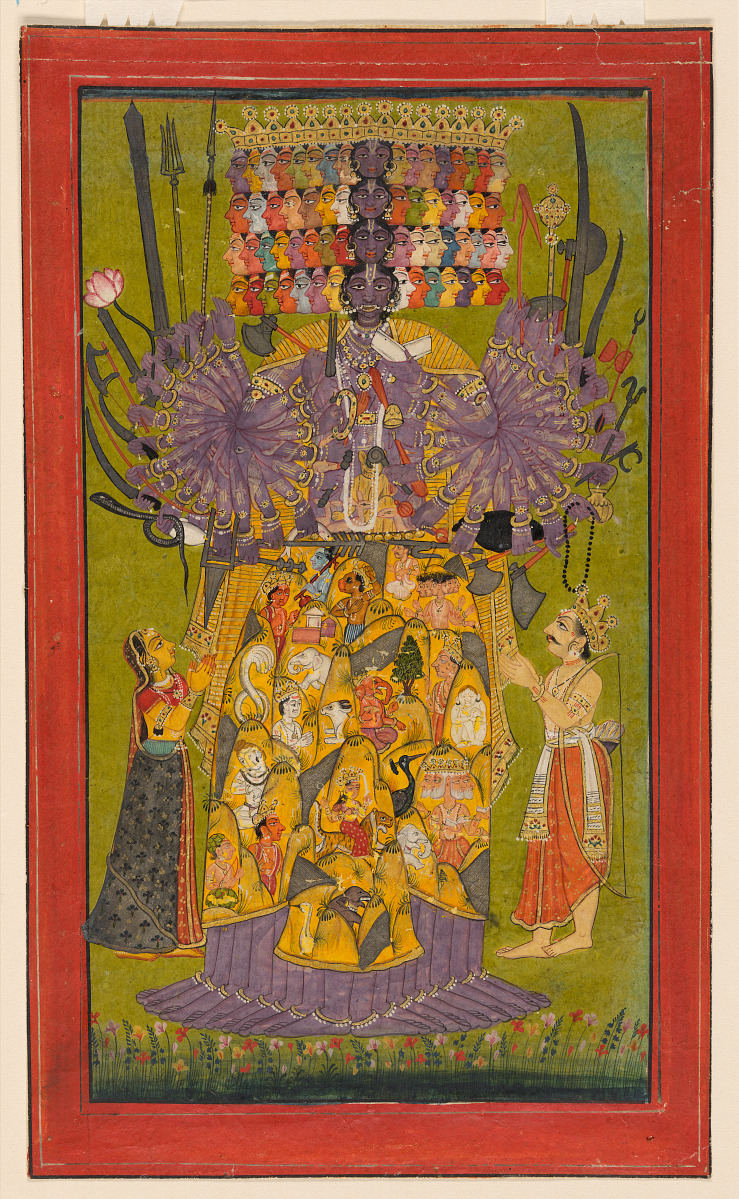 Circa 1740 opaque watercolor and gold on paper painting of Krishna Vishvarupa to evoke the limitless and proliferating universe by extending Krishna's sixty multicolored heads and forty-four pinwheeling arms to the very borders of the painting.